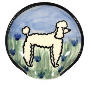 Karen Donleavy KD Signed Hand Thrown Painted Spoon Rest Trinket Dish Blue Poodle